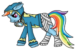 Size: 1164x776 | Tagged: safe, artist:cynderdragon101, rainbow dash, pegasus, pony, g4, a precious rainbow, bandage, clothes, female, mare, sad, simple background, solo, transparent background, uniform, wonderbolts uniform