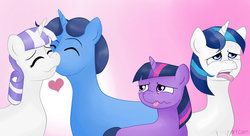 Size: 900x491 | Tagged: safe, artist:cytidine, night light, shining armor, twilight sparkle, twilight velvet, pony, unicorn, g4, brother and sister, cheek kiss, disgusted, female, heart, husband and wife, kissing, male, mare, mother and father, parent, ship:nightvelvet, sparkle family, stallion, tongue out