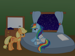 Size: 1280x960 | Tagged: safe, artist:cynderdragon101, applejack, rainbow dash, earth pony, pegasus, pony, g4, a precious rainbow, amputee, bandage, bed, bedroom, blood, bottle, crying, curtains, drawer, duo, duo female, female, frown, indoors, mare, mirror, night, open mouth, pillow, sad, sitting, sitting on bed, sky, stars, window, wingless