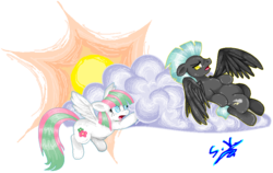 Size: 911x575 | Tagged: safe, artist:supergirl125, blossomforth, thunderlane, pegasus, pony, g4, backwards cutie mark, bhm, chubby, cloud, duo, fat, female, lazy, let me do my job, male, mare, simple background, stallion, sun, transparent background