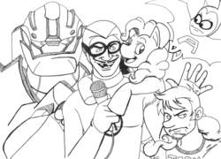 Size: 900x649 | Tagged: safe, artist:bmlulu, pinkie pie, g4, aquabats, bulkhead, crossover, dan, dan vs, mc bat commander, the hub, transformers