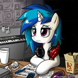 Size: 900x900 | Tagged: safe, artist:johnjoseco, dj pon-3, octavia melody, vinyl scratch, earth pony, pony, unicorn, g4, background pony, ballpoint pen, bass cannon, cellphone, cup, female, headphones, keyboard, mare, morning ponies, music notes, musical instrument, phone, smartphone, solo, sunglasses, synthesizer, wavy mouth, working