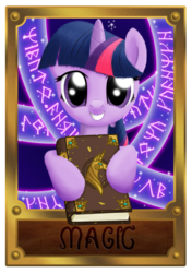 Size: 900x1276 | Tagged: safe, artist:nimaru, twilight sparkle, pony, unicorn, g4, book, book of harmony, female, front view, hoof hold, mare, open mouth, smiling, solo, text