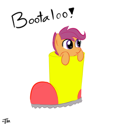 Size: 700x700 | Tagged: safe, artist:tanmansmantan, scootaloo, pegasus, pony, g4, boot, bootaloo, boots, characters inside shoes, cute, cutealoo, female, filly, foal, hnnng, leaning, pun, simple background, smiling, smol, solo, white background, word play