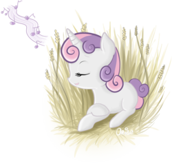 Size: 628x612 | Tagged: dead source, safe, artist:lisaorise, sweetie belle, pony, unicorn, g4, female, filly, foal, food, music notes, simple background, singing, solo, transparent background, wheat
