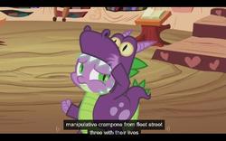 Size: 640x400 | Tagged: safe, screencap, spike, g4, luna eclipsed, clothes, costume, dragon costume, dragonception, nightmare night costume, youtube caption