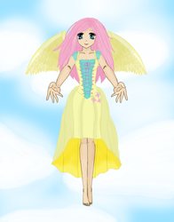 Size: 900x1150 | Tagged: dead source, safe, artist:danteskitten, fluttershy, human, g4, barefoot, breasts, cleavage, clothes, cloud, dress, feet, female, flying, humanized, looking at you, skinny, sky, smiling, solo, spread wings, thin, winged humanization, wings