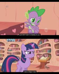 Size: 640x800 | Tagged: safe, screencap, spike, twilight sparkle, g4, owl's well that ends well, ei, hub logo, youtube caption