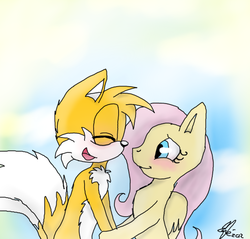 Size: 603x577 | Tagged: safe, artist:nuggetsauris, fluttershy, g4, crossover, crossover shipping, female, fluttertails, interspecies, male, miles "tails" prower, shipping, sonic the hedgehog (series), straight