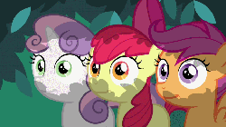 Size: 720x405 | Tagged: safe, edit, edited screencap, screencap, apple bloom, scootaloo, sweetie belle, earth pony, pegasus, pony, unicorn, g4, hearts and hooves day (episode), season 2, adorabloom, animated, cute, cutealoo, cutie mark crusaders, diasweetes, dilated pupils, eye shimmer, female, filly, hearts and hooves day, open mouth, reaction image, smiling, stare, wide eyes