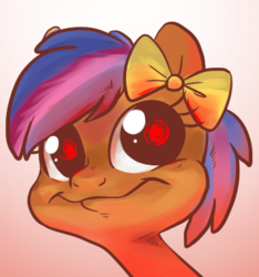 Size: 355x380 | Tagged: safe, artist:php27, scootaloo (g3), pony, g3, g3.5, creepy, female, g3 hate, gradient background, nightmare fuel, ribbon, simple background, solo