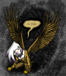 Size: 700x800 | Tagged: safe, artist:kymsnowman, gilda, g4, eyes closed, female, humanized, solo, text, winged humanization
