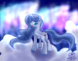 Size: 1920x1500 | Tagged: dead source, safe, artist:xcopyen002, princess luna, alicorn, pony, g4, aurora borealis, cloud, female, mare, solo