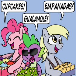 Size: 1000x1000 | Tagged: safe, artist:madmax, artist:pacce, derpy hooves, pinkie pie, spike, pegasus, pony, g4, cupcake, female, food, guacamole, mare, mexican food