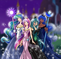 Size: 1200x1145 | Tagged: safe, artist:chargoz, princess cadance, princess celestia, princess luna, queen chrysalis, human, g4, dark skin, humanized