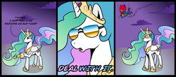 Size: 1000x441 | Tagged: safe, artist:madmax, artist:pacce, princess celestia, g4, badass, comic, male, sunglasses, superman, swag