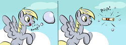 Size: 1744x627 | Tagged: safe, artist:pacce, artist:rubrony, derpy hooves, pegasus, pony, g4, background pony, bubble, burp, colored, comic, female, filly, letter, mare, scroll, solo, wavy mouth