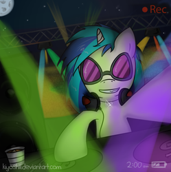 Size: 618x621 | Tagged: safe, artist:kiyoshiii, dj pon-3, vinyl scratch, pony, unicorn, g4, camera shot, concert, female, headphones, solo, speaker, turntable