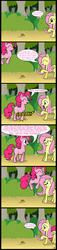 Size: 670x2950 | Tagged: artist needed, safe, fluttershy, pinkie pie, earth pony, pegasus, pony, snail, g4, comic, dialogue, duo, emotional spectrum, female, forest, mare, outdoors, pronking, speech bubble
