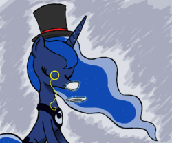 Size: 801x666 | Tagged: safe, artist:supervillain6, princess luna, pony, g4, british, female, hat, monocle, monocle and top hat, solo, tea, top hat