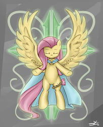 Size: 1461x1800 | Tagged: safe, artist:speccysy, fluttershy, pony, g4, belly, bipedal, cloak, clothes, cross, eyes closed, female, solo, spread wings