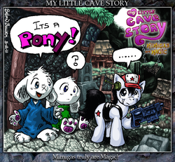 Size: 798x737 | Tagged: safe, artist:bellcountycomics, mimiga, pony, ..., cap, cave, cave story, crossover, hat, my little x, paw pads, paws, platformer, ponified, quote (cave story), sue sakamoto, toroko, underpaw, weapon