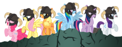 Size: 1280x492 | Tagged: safe, artist:mrlolcats17, applejack, fluttershy, pinkie pie, rainbow dash, rarity, twilight sparkle, earth pony, pegasus, pony, unicorn, g4, female, horn, mare, raised hoof, rearing, simple background, skyrim, spread wings, the elder scrolls, transparent background, wings