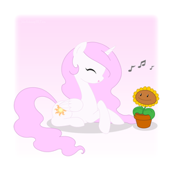 Size: 1000x1000 | Tagged: safe, artist:jdan-s, princess celestia, alicorn, pony, g4, abstract background, cewestia, crossover, female, filly, flower, mare, music notes, pink-mane celestia, plants vs zombies, prone, simple background, smiling, sunflower, sunflower (plants vs zombies), white background, younger