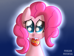 Size: 1400x1050 | Tagged: safe, artist:darkpengi, pinkie pie, earth pony, pony, g4, ball, bust, female, glowing, gradient background, looking at you, looking up, looking up at you, mare, mouth hold, portrait, shiny eyes, solo