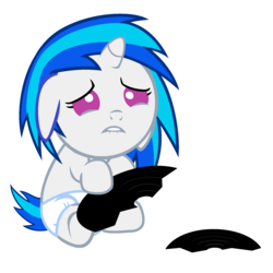 Size: 1800x1800 | Tagged: safe, artist:beavernator, dj pon-3, vinyl scratch, pony, unicorn, g4, baby, baby pony, broken, crying, diaper, female, filly, foal, lip bite, record, solo