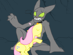 Size: 800x600 | Tagged: safe, artist:weaver, fluttershy, rover, diamond dog, g4, ..., c:, cuddling, fluffy, heart, hug, missing accessory, non-consensual cuddling, nuzzling, open mouth, sweat, wide eyes