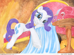 Size: 1345x1000 | Tagged: safe, artist:foxxy-arts, rarity, pony, unicorn, g4, bedroom eyes, couch, fainting couch, female, fetish, glass, hoof fetish, hooves, looking at you, mare, solo, traditional art, wine glass
