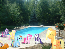 Size: 900x675 | Tagged: safe, applejack, fluttershy, pinkie pie, rainbow dash, rarity, twilight sparkle, g4, mane six, swimming, swimming pool, wet, wet mane, wet mane rarity