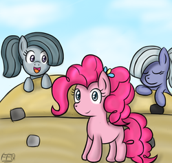 Size: 900x853 | Tagged: safe, artist:freefraq, limestone pie, marble pie, pinkie pie, earth pony, pony, g4, female, pie sisters, ponytail