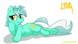 Size: 1500x848 | Tagged: safe, artist:cobracookies, lyra heartstrings, pony, unicorn, g4, draw me like one of your french girls, female, lying, mare, on side, simple background, solo, white background