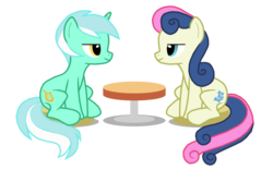 Size: 1200x747 | Tagged: safe, artist:thelastgherkin, bon bon, lyra heartstrings, sweetie drops, earth pony, pony, unicorn, g4, duo, female, lesbian, looking at each other, looking at someone, mare, ship:lyrabon, shipping, simple background, sitting, table, transparent background