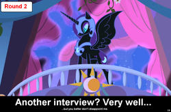 Size: 1024x672 | Tagged: safe, nightmare moon, comic:celestia's servant interview, g4, caption, interview, meta