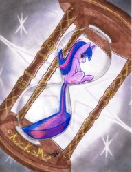 Size: 2004x2609 | Tagged: safe, artist:kzksm, twilight sparkle, pony, unicorn, g4, chronophobia, crying, female, high res, hourglass, mare, metaphor, sad, solo, time, traditional art, unicorn twilight