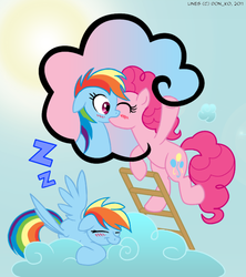 Size: 600x676 | Tagged: safe, artist:atomicgreymon, artist:don-ko, pinkie pie, rainbow dash, earth pony, pegasus, pony, g4, blushing, colored, dream, female, kiss on the lips, kissing, lesbian, mare, ship:pinkiedash, shipping, sleeping, wingboner, zzz