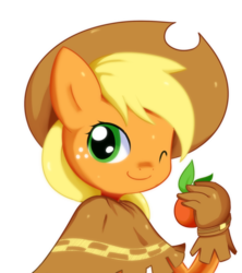 Size: 780x877 | Tagged: safe, artist:solar-slash, applejack, earth pony, anthro, g4, apple, female, food, mare, simple background, solo, transparent background, wink