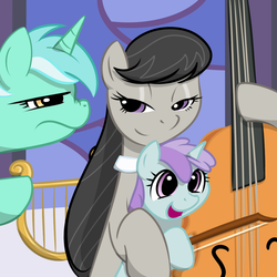 Size: 1000x1000 | Tagged: safe, artist:kloudmutt, liza doolots, lyra heartstrings, octavia melody, petunia, tootsie flute, earth pony, pony, unicorn, g4, cello, female, filly, foal, lyre, mare, musical instrument, open mouth, trio