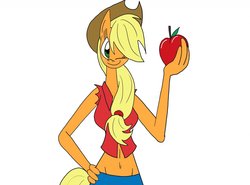 Size: 1280x947 | Tagged: safe, artist:mofetafrombrooklyn, applejack, earth pony, anthro, g4, apple, female, food, simple background, skinny, solo, thin, wink