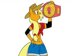 Size: 1280x947 | Tagged: safe, artist:mofetafrombrooklyn, applejack, earth pony, anthro, g4, championship belt, female, simple background, solo, wrestling