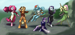 Size: 4250x2000 | Tagged: safe, artist:captainhoers, applejack, fluttershy, pinkie pie, rainbow dash, rarity, twilight sparkle, anthro, g4, adventuring party, apron, badass, clothes, dagger, fantasy, fantasy class, flutterbadass, glasses, gloves, mane six, one of these things is not like the others, rocket launcher, spear, staff, sword, weapon, wrapping