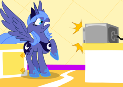 Size: 939x670 | Tagged: safe, artist:chessie2003, artist:rmsaun98722, princess luna, alicorn, pony, fanfic:progress, g4, artifact, ears back, fanfic, fanfic art, female, frown, gritted teeth, mare, microwave, on the moon for too long, progress, raised hoof, s1 luna, scared, science oven, solo, spread wings, struggle with technology, wide eyes, wings