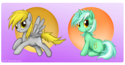 Size: 2107x1104 | Tagged: safe, artist:mn27, derpy hooves, lyra heartstrings, pegasus, pony, unicorn, g4, cute, derpabetes, female, lyrabetes, mare, smiling