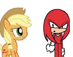 Size: 707x551 | Tagged: dead source, safe, artist:darkcruisebronystyle, applejack, g4, appleknux, crossover, crossover shipping, female, interspecies, knuckles the echidna, male, shipping, simple background, sonic the hedgehog (series), straight