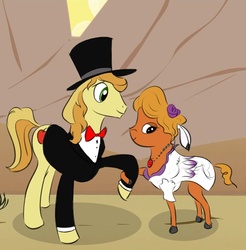 Size: 709x720 | Tagged: safe, artist:rubrony, braeburn, little strongheart, bison, buffalo, g4, clothes, dress, female, hat, interspecies, male, ship:braeheart, shipping, straight, top hat, tuxedo, wedding, wedding dress