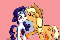 Size: 5400x3600 | Tagged: safe, artist:silent-nona-light, applejack, rarity, earth pony, pony, unicorn, g4, blushing, duo, female, kissing, lesbian, mare, rose, ship:rarijack, shipping