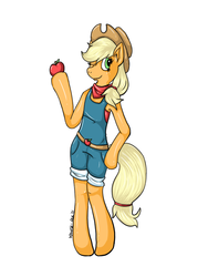 Size: 600x800 | Tagged: safe, artist:sharkyteef, applejack, earth pony, semi-anthro, g4, apple, arm hooves, female, food, simple background, solo, wink